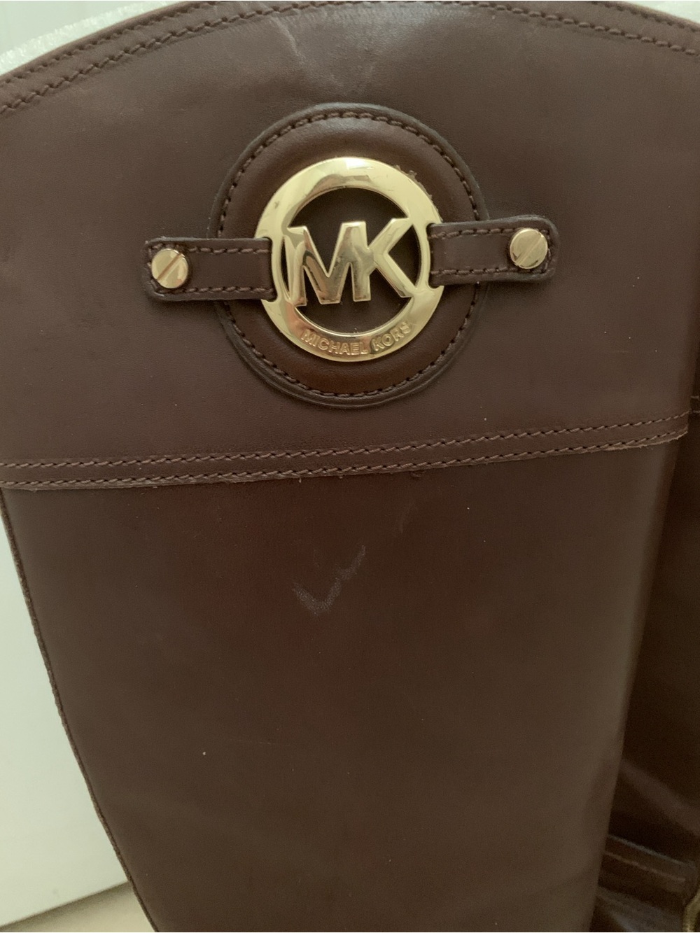 Michael Kors Stockard Brown Leather Tall Riding Boots Gold MK Logo Size 9.5M - Picture 2 of 16